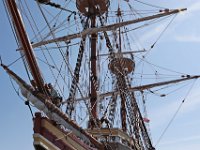 A crewmember prepares the mast on the bow of the Mayflower in preparation to head out for sea trials under sail in Buzzards Bay after an unexpected stop in New Bedford harbor.  PHOTO PETER PEREIRA