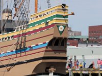 Visitors standing on State Pier look an as the Mayflower II heads out to sea to perform sea trials under sail in Buzzards Bay after an unexpected stop in New Bedford harbor.  PHOTO PETER PEREIRA