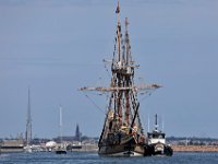 The tugboat Jaguar escorts the Mayflower II out to sea where it performed sea trials under sail in Buzzards Bay after an unexpected stop in New Bedford harbor.  PHOTO PETER PEREIRA