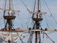 Crew members unfurl the sails of the Mayflower II as it performs sea trials under sail in Buzzards Bay after an unexpected stop in New Bedford harbor.  PHOTO PETER PEREIRA