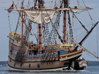 Crew members unfurl the sails of the Mayflower II as it performs sea trials under sail in Buzzards Bay after an unexpected stop in New Bedford harbor.  PHOTO PETER PEREIRA