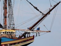 Crew members unfurl the sails of the Mayflower II as it performs sea trials under sail in Buzzards Bay after an unexpected stop in New Bedford harbor.  PHOTO PETER PEREIRA