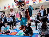 Chippy the New Bedford Credit Union's mascot has fun with some pre-school students in the Early Childhood Education & Teaching class at Vo-Tech, during a surprise visit to Voc-Tech in New Bedford.  Students of Visual Design were responsible for the creation of the design of the mascot for the credit Union's Making Cents Kids Account program and were unaware that an actual physical mascot was going to be made.  PHOTO PETER PEREIRA