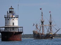 The Mayflower II passes the Butler Flats light house on its way to perform sea trials under sail in Buzzards Bay after an unexpected stop in New Bedford harbor.  PHOTO PETER PEREIRA