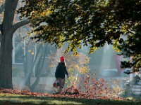A landscaper uses a leaf blower to round up the fallen leaves in front of the Unitarian Church in Fairhaven.  PHOTO PETER PEREIRA