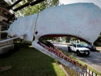 A vehicle traveling on Orchard Street in New Bedford is seemingly eaten by a sculpture of Moby Dick hanging from a home on Madison Street.