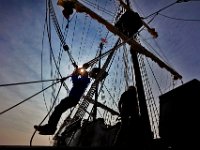 Crewmembers of the Spanish El Galeon tall ship dock the ship at State Pier in New Bedford, where it will be open for visitors until Monday. PETER PEREIRA/THE STANDARD-TIMES/SCMG