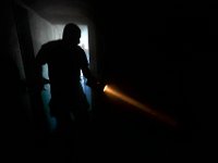 Lt. Kyle Canastra and fellow New Bedford firefighters conduct simulated search and rescue missions inside a smoke filled training maze trailer they have access to for the next two weeks.  They expect all of the cities firefighters to take part in the drill.   PETER PEREIRA/THE STANDARD-TIMES/SCMG