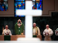 A marble holy water font is seen in the background as Bishop Edgar da Cunha Celebrates Catholic School Week with a Mass for New Bedford Catholic schools grades 3-6 students, at St. Mary Church in New Bedford.   PETER PEREIRA/THE STANDARD-TIMES/SCMG