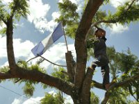 Marvin Estuardo Garcia, 12, plays on a Ceiba, Guatemalan national tree.  In the background a Guatemalan flag flies.