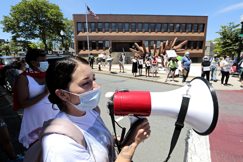 Protesters gather in front of the Hastings Keith Federal Building at the intersection of Elm Street and N 6th Street in downtown New Bedford, MA in support of the Black Lives Matter movement and for the removal of Bristol County Sheriff Thomas Hodgson.   PHOTO PETER PEREIRA