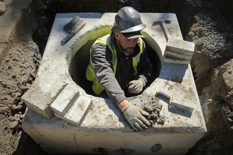 Tim Landry of Comcast finds himself in a tight spot, inside of a precast manhole at the intersection of Purchase and William Street in downtown New Bedford, installing new fiber optic cables.  PHOTO PETER PEREIRA