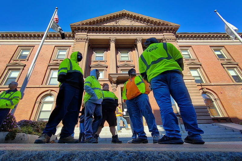 Department of public infrastructure workers protest the vaccine mandate, in front of New Bedford City Hall. PHOTO PETER PEREIRA