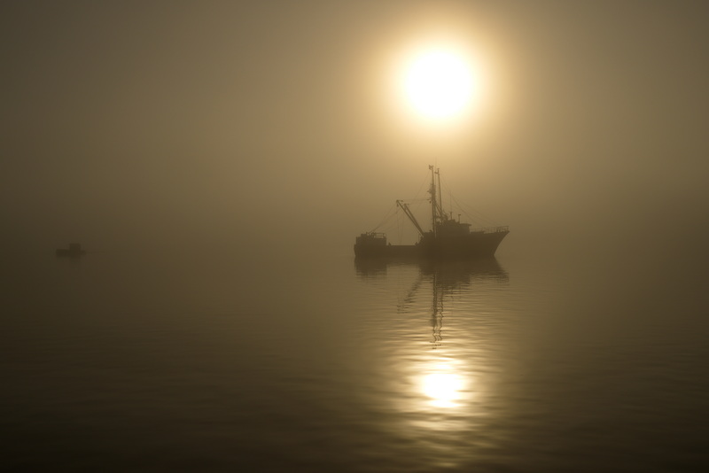 The sun rises as a fishing boat and a small barge make their way across New Bedford, MA harbor under a thick morning fog.