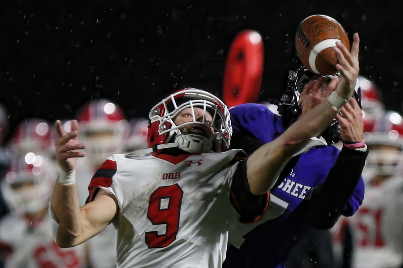 ORR defensive back Jack Leconte makes the stop on the pass to Shawsheen's Dyllon Pratt during Old Rochester Regional High School's loss to Shawsheen Valley Technical High School in the playoff game played at Scituate High School. PHOTO PETER PEREIRA