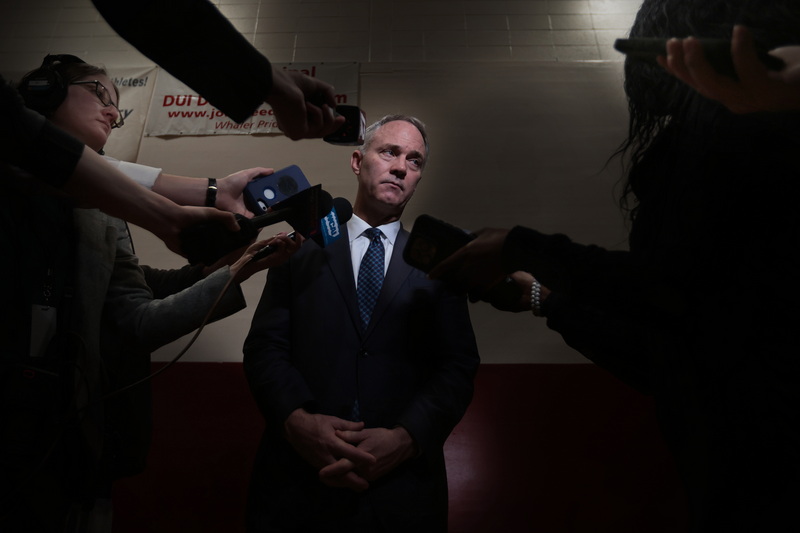 Mayor Jon Mitchell takes questions from the media after delivering his State of the City Address in the New Bedford High School gymnasium. PHOTO PETER PEREIRA