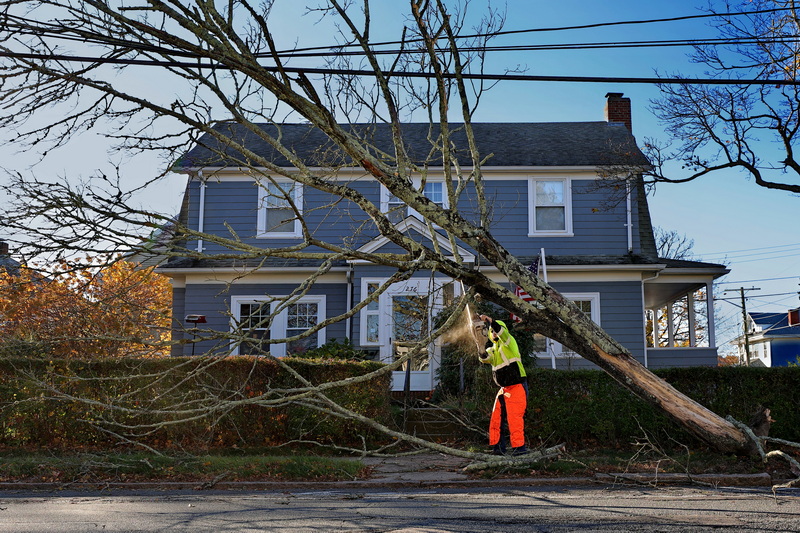 Alex Perpetua of New Bedford DPI cuts down a tree on Hawthorn Street which fell after the high winds which have swept across the region.  PHOTO PETER PEREIRA