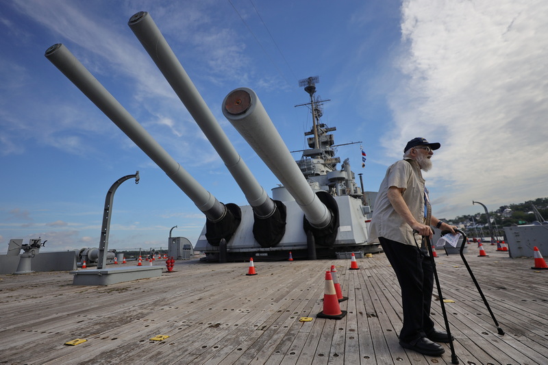 Thom Sargent and fellow Navy veterans who served aboard the USS Independence aircraft carrier, tour the USS Massachusetts battleship at Battleship Cove in Fall River, MA on September 10, 2026. PHOTO PETER PEREIRA