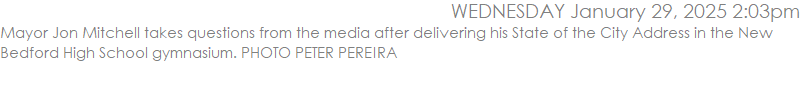 Mayor Jon Mitchell takes questions from the media after delivering his State of the City Address in the New Bedford High School gymnasium. PHOTO PETER PEREIRA
