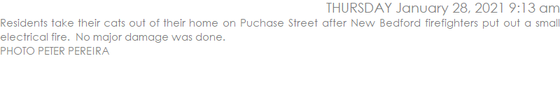 Residents take their cats out of their home on Puchase Street after New Bedford firefighters put out a small electrical fire.  No major damage was done.