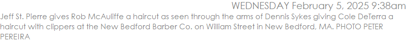 Jeff St. Pierre gives Rob McAuliffe a haircut as seen through the arms of Dennis Sykes giving Cole DeTerra a haircut with clippers at the New Bedford Barber Co. on William Street in New Bedford, MA. PHOTO PETER PEREIRA