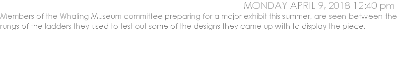 Members of the Whaling Museum committee preparing for a major exhibit this summer, are seen between the rungs of the ladders they used to test out some of the designs they came up with to display the piece.