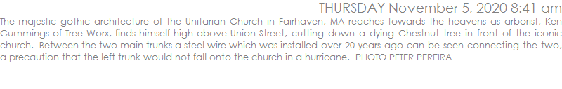The majestic gothic architecture of the Unitarian Church in Fairhaven, MA reaches towards the heavens as arborist, Ken Cummings of Tree Worx, finds himself high above Union Street, cutting down a dying Chestnut tree in front of the iconic church.  Between the two main trunks a steel wire which was installed over 20 years ago can be seen connecting the two, a precaution that the left trunk would not fall onto the church in a hurricane.  PHOTO PETER PEREIRA