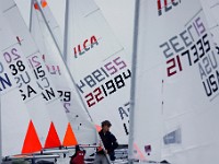 A sailor maneuvers his sail into position as he and fellow sailors competing in the ILCA North American Championships prepare their boats at the New Bedford Yacht Club in Dartmouth. The event will run between June 6th through June 9th off of Padanaram Harbor in Dartmouth.