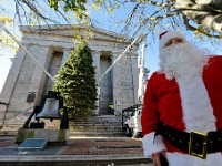 Santa (Nicholas Riquinha, New Bedford Highway Department and driver of the truck which carried the tree) looks on as New Bedford Highway Department and Greenspace crews place the 2024 Christmas tree into position in front of the New Bedford Public Library downtown.