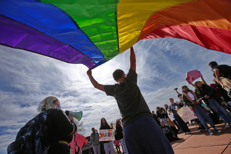 Heaven Robles, 17, and fellow New Bedford High School students protest the election of Ward 3 City Councilor Shawn Oliver after negative social media posts about trans people came to light.  PHOTO PETER PEREIRA