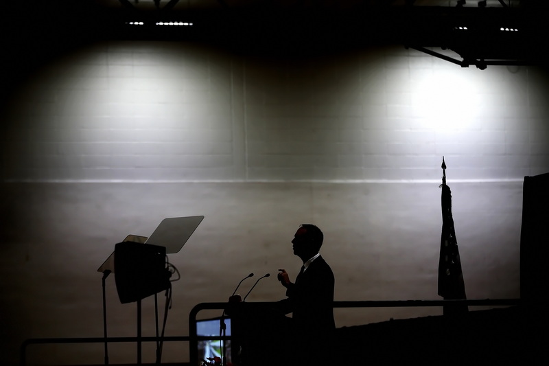 Mayor Jon Mitchell delivers the 2023 State of the City Address in the New Bedford High School gymnasium.  PHOTO PETER PEREIRA