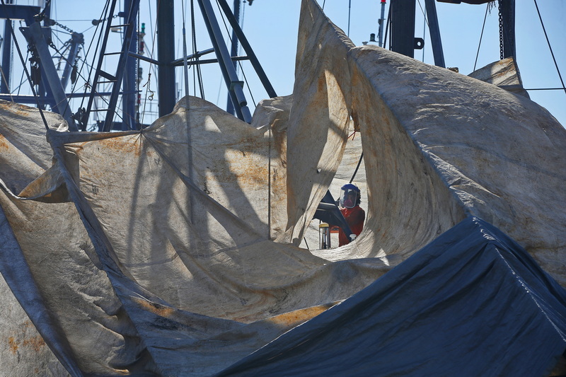 A painter scrapes the paint from the mast of a fishing boat in New Bedford as seen through a gap in the dust protection installed around the boat. PHOTO PETER PEREIRA