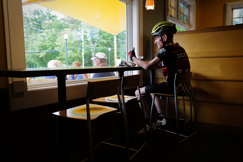 Ed Kelly stops for a drink at Uncle Jon's Coffee in Marion, MA during his morning bike ride. PHOTO PETER PEREIRA