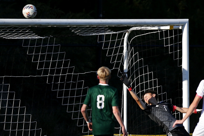 New Bedford goalie Nelson Molina make a big save during the tie between New Bedford High School and Dartmouth High School.  PHOTO PETER PEREIRA