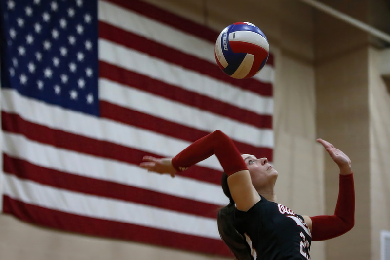 ORR's Carly Mello serves the ball during Old Rochester Regional High School's victory over Shawsheen Tech Varsity in Mattapoisett, MA.  PHOTO PETER PEREIRA