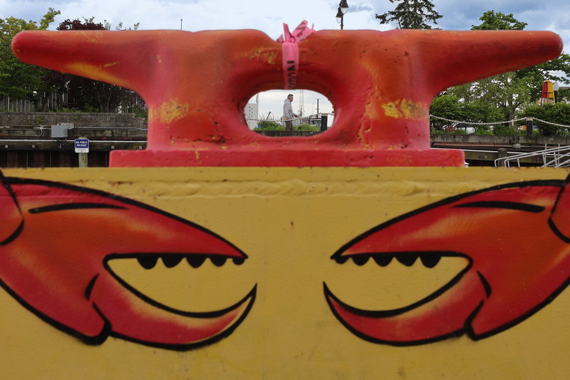 A man is framed by the cleat decorated to look like a crab on Pier 3 in New Bedford, MA. PHOTO PETER PEREIRA