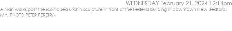 A man walks past the iconic sea urchin sculpture in front of the Federal building in downtown New Bedford, MA. PHOTO PETER PEREIRA