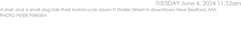 A man and a small dog ride their motorcycle down N Water Street in downtown New Bedford, MA. PHOTO PETER PEREIRA
